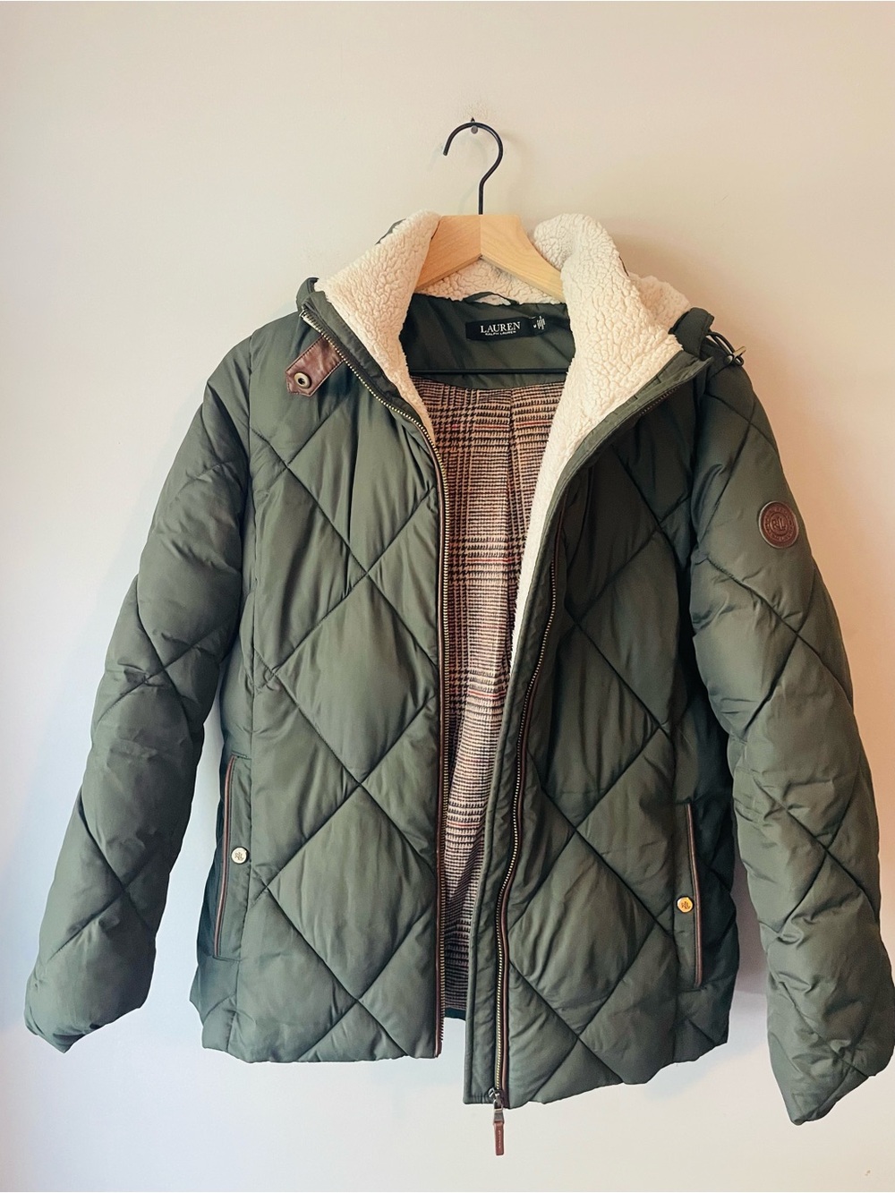 Lauren Ralph Lauren Olive Quilted Puffer Jacket with Cream Sherpa Hood - Picture 2 of 7